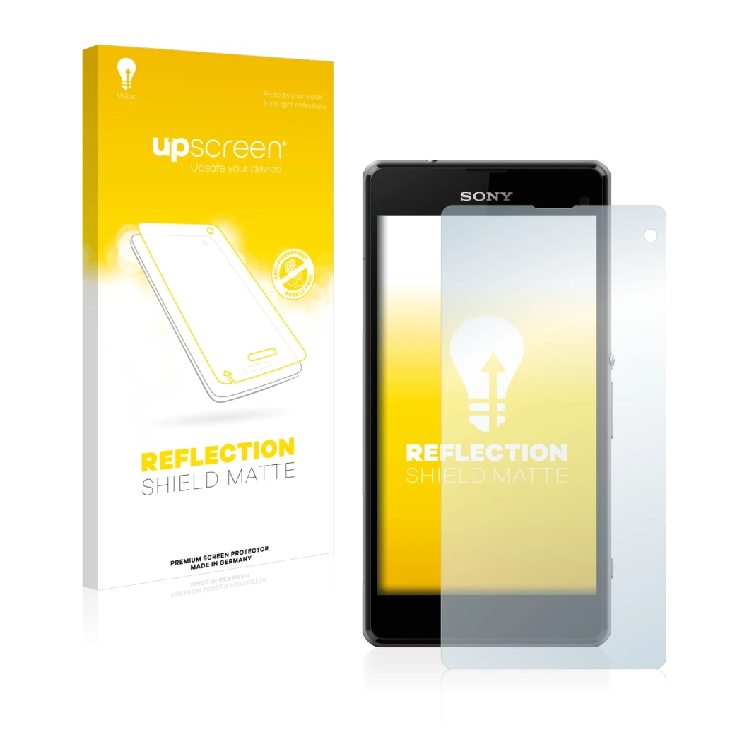 Parte frontale di una confezione del prodotto con il logo del marchio upscreen. Accanto è raffigurato il dispositivo Sony Xper