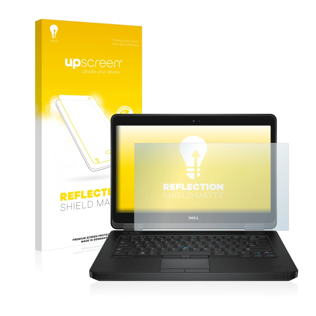 Parte frontale di una confezione del prodotto con il logo del marchio upscreen. Accanto è raffigurato il dispositivo Dell Lati