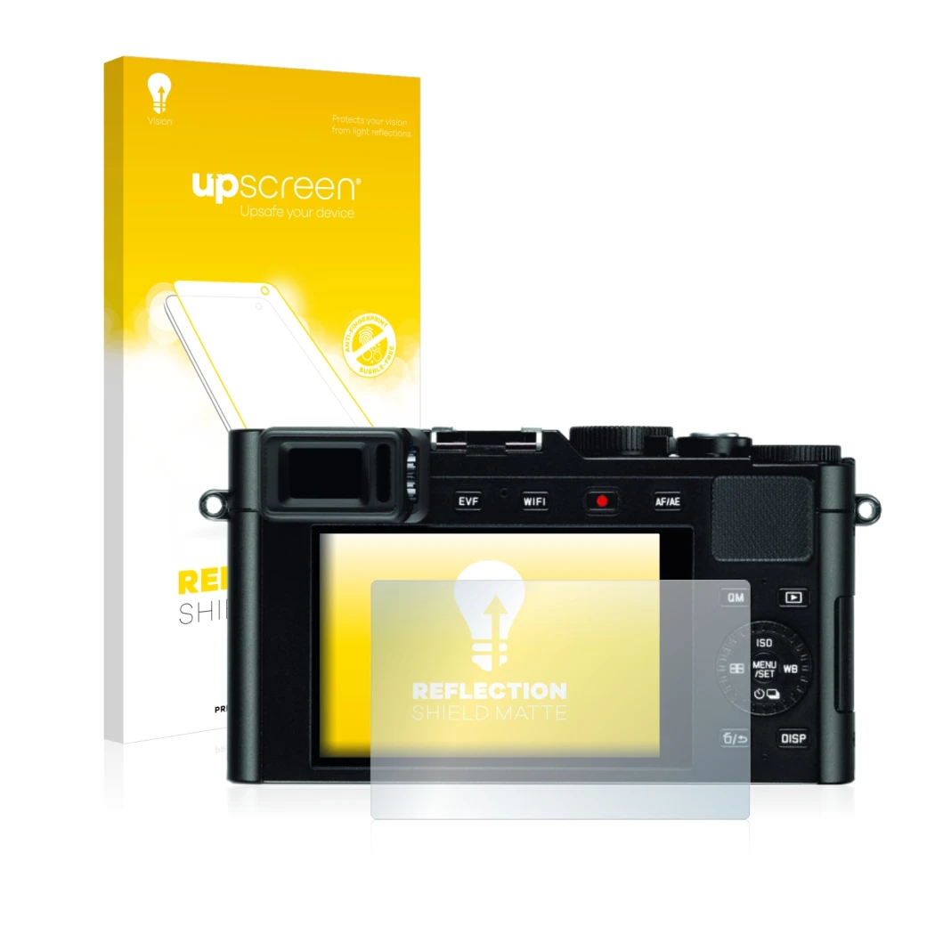 Parte frontale di una confezione del prodotto con il logo del marchio upscreen. Accanto è raffigurato il dispositivo Leica D-L