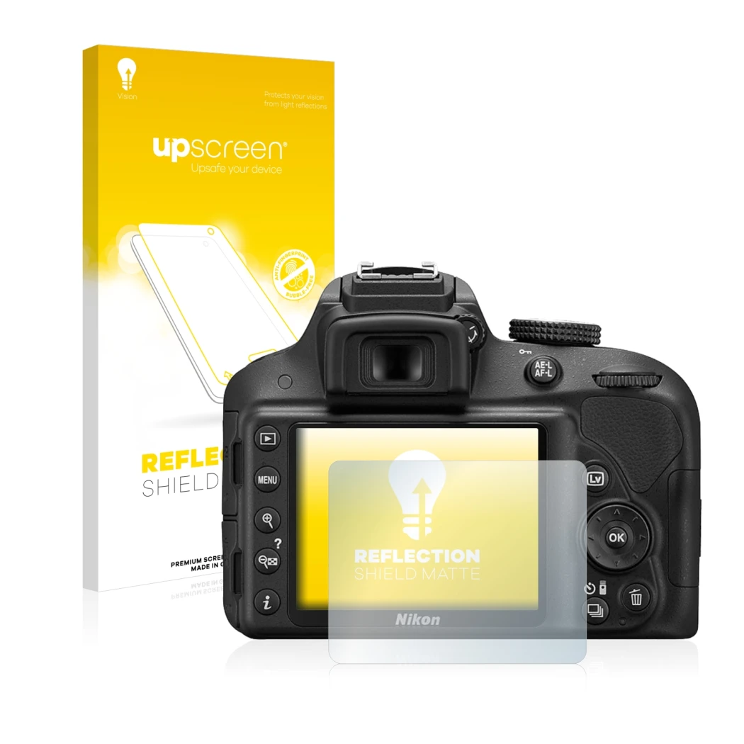 Parte frontale di una confezione del prodotto con il logo del marchio upscreen. Accanto è raffigurato il dispositivo Nikon D33