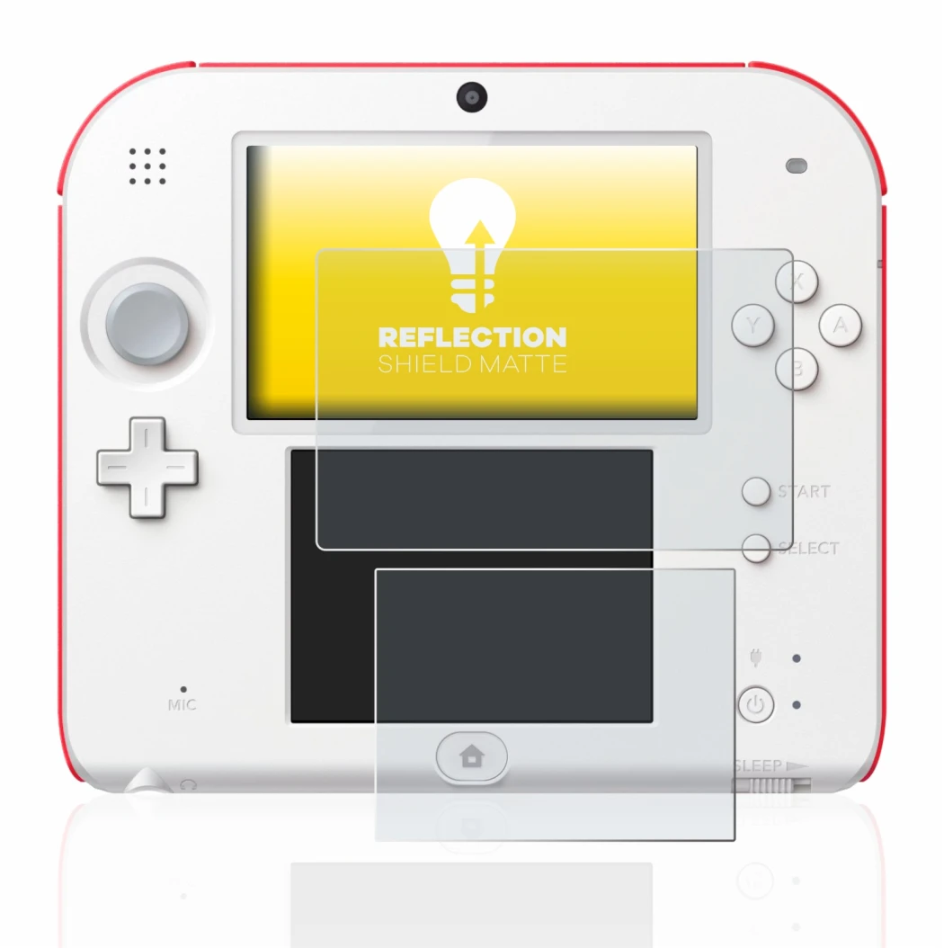 Immagine del dispositivo Nintendo 2DS con un'ampia varietà di protezioni per lo schermo.