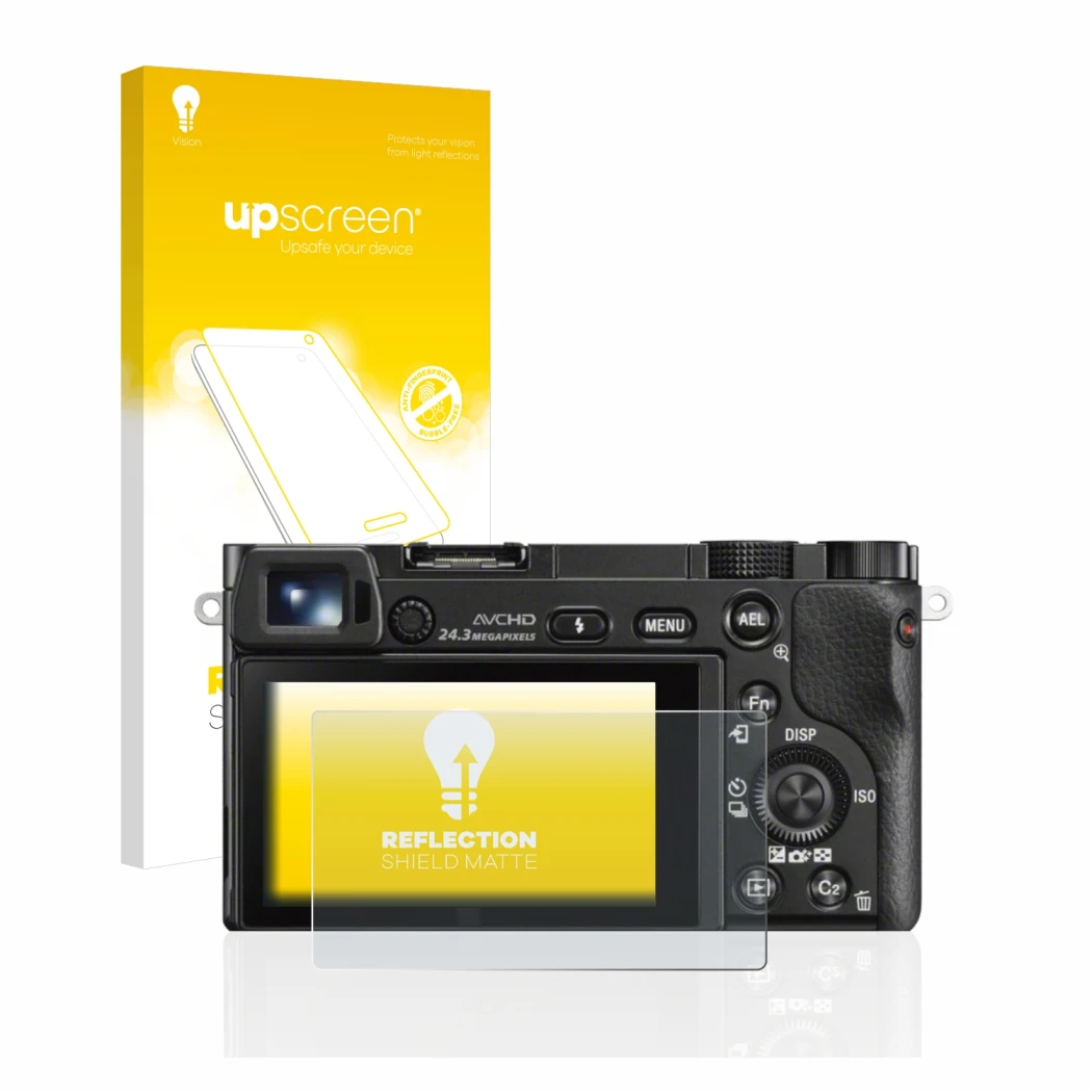 Parte frontale di una confezione del prodotto con il logo del marchio upscreen. Accanto è raffigurato il dispositivo Sony Alph