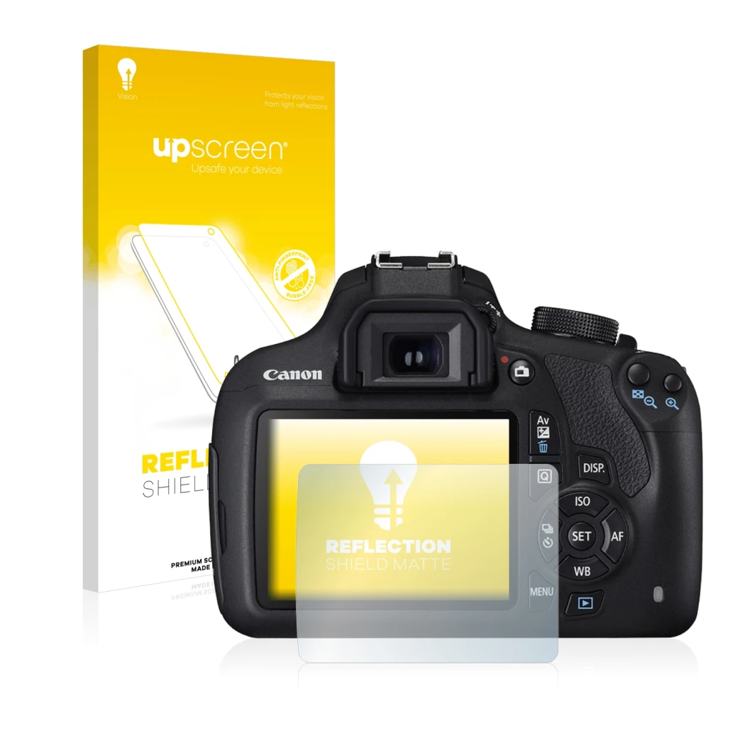 Parte frontale di una confezione del prodotto con il logo del marchio upscreen. Accanto è raffigurato il dispositivo Canon EOS