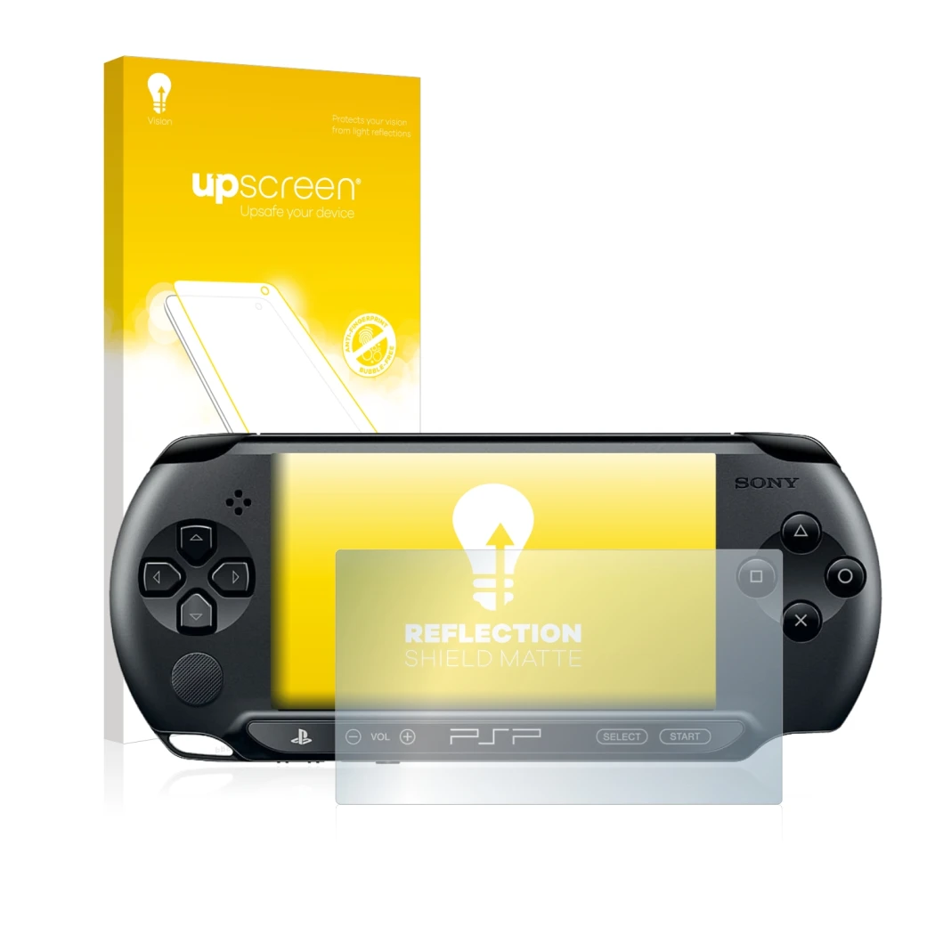 Parte frontale di una confezione del prodotto con il logo del marchio upscreen. Accanto è raffigurato il dispositivo Sony PSP 
