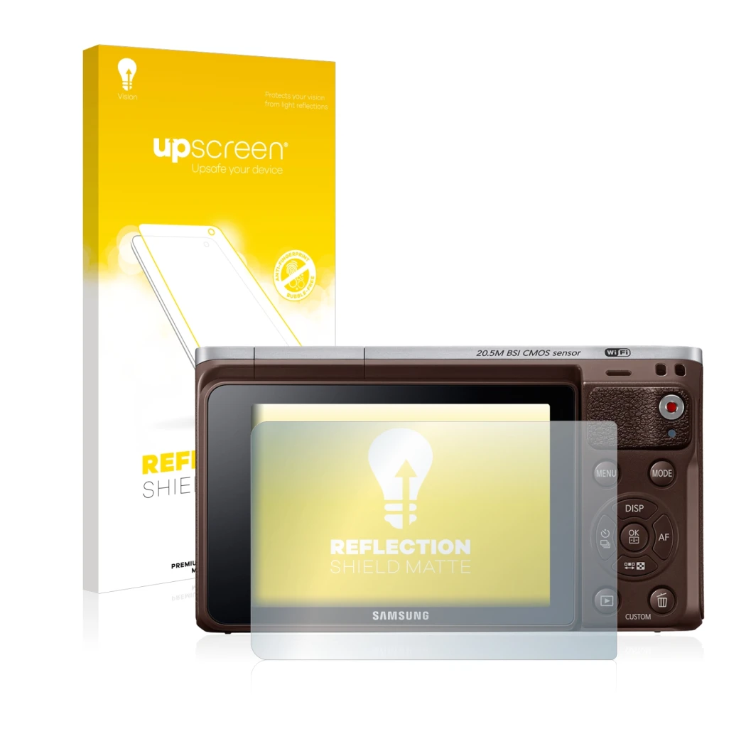Parte frontale di una confezione del prodotto con il logo del marchio upscreen. Accanto è raffigurato il dispositivo Samsung N