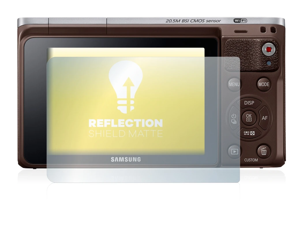 Immagine del dispositivo Samsung NX Mini con un'ampia varietà di protezioni per lo schermo.