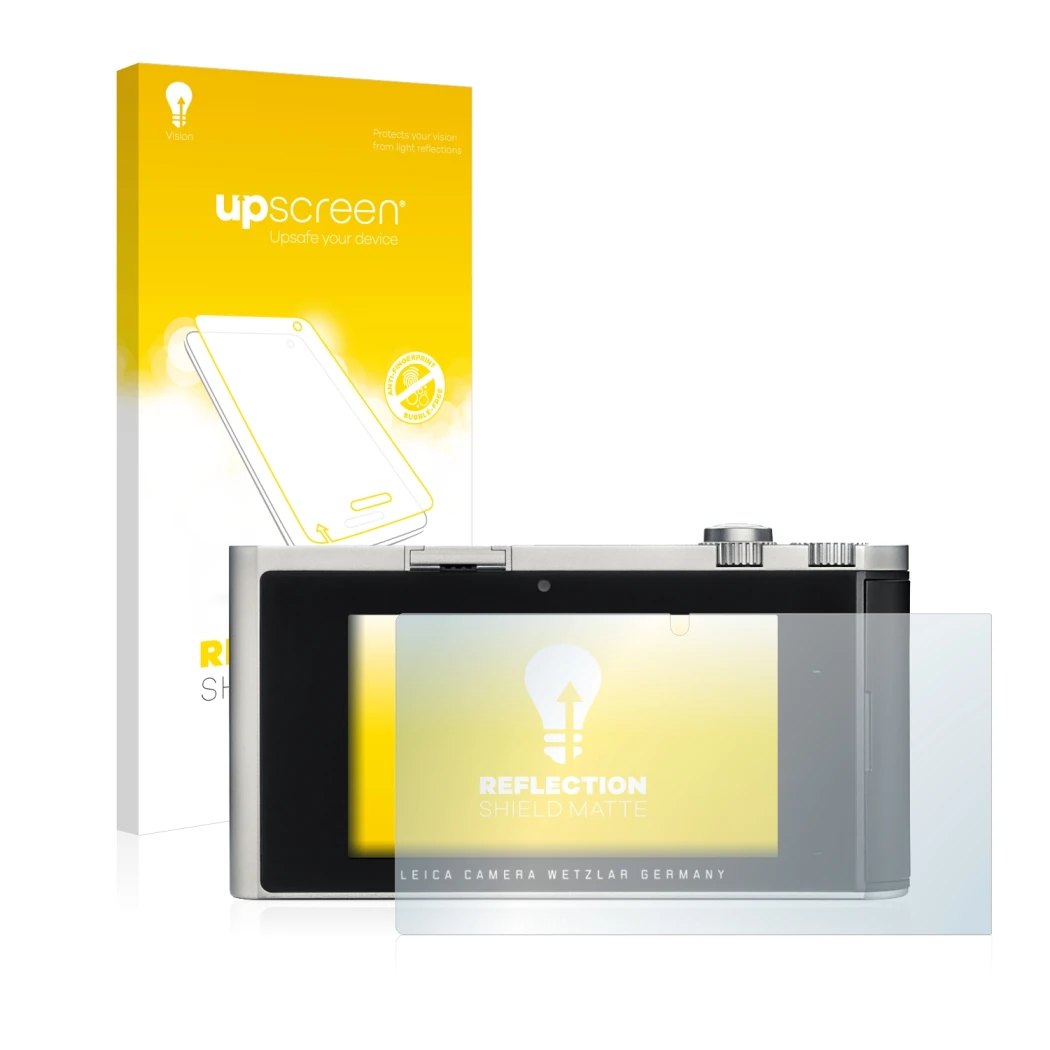 Parte frontale di una confezione del prodotto con il logo del marchio upscreen. Accanto è raffigurato il dispositivo Leica T (