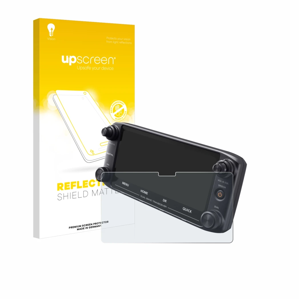 Parte frontale di una confezione del prodotto con il logo del marchio upscreen. Accanto è raffigurato il dispositivo Icom ID-5