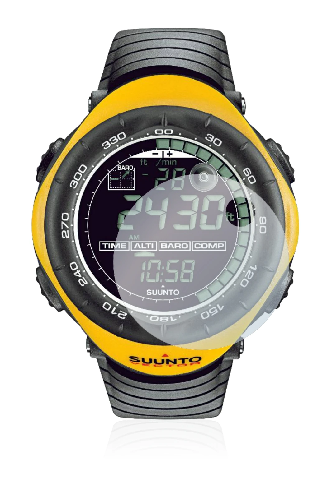 Immagine del dispositivo Suunto Vector Yellow con un'ampia varietà di protezioni per lo schermo.
