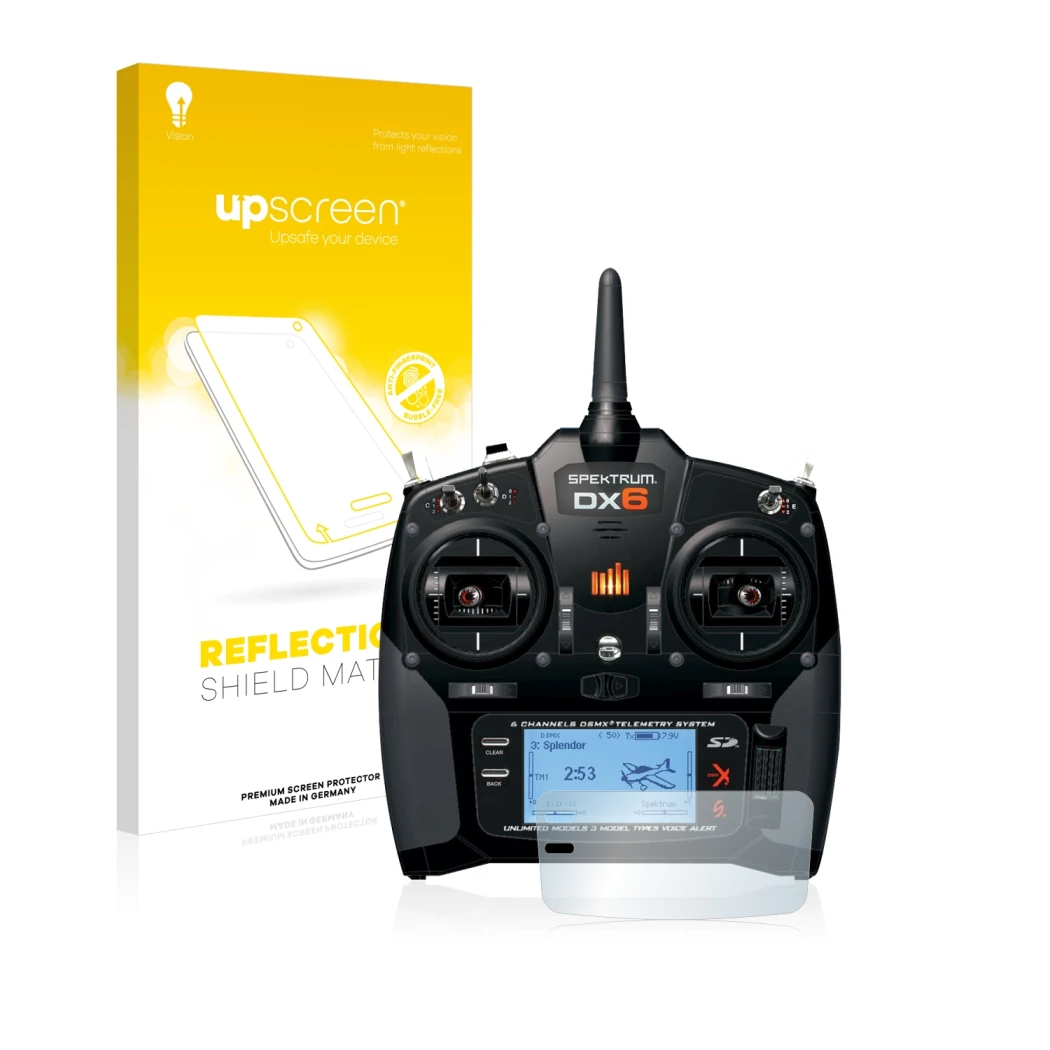 Parte frontale di una confezione del prodotto con il logo del marchio upscreen. Accanto è raffigurato il dispositivo Spektrum 