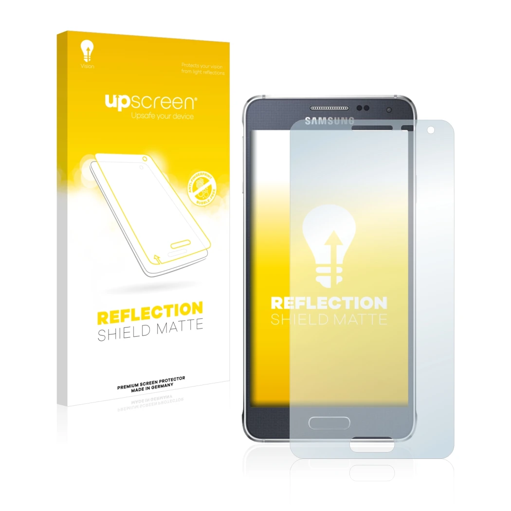 Parte frontale di una confezione del prodotto con il logo del marchio upscreen. Accanto è raffigurato il dispositivo Samsung G