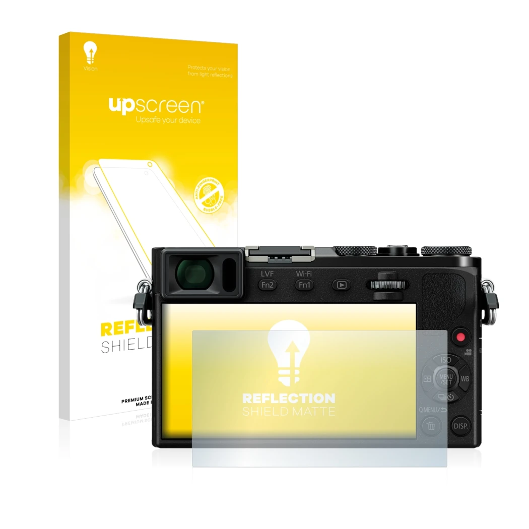 Parte frontale di una confezione del prodotto con il logo del marchio upscreen. Accanto è raffigurato il dispositivo Panasonic