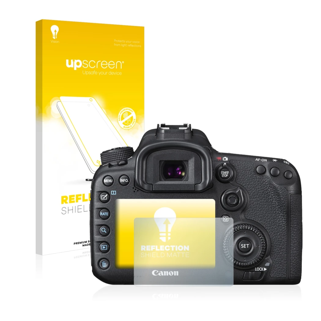 Parte frontale di una confezione del prodotto con il logo del marchio upscreen. Accanto è raffigurato il dispositivo Canon EOS
