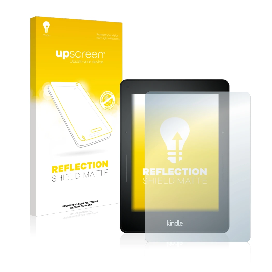 Parte frontale di una confezione del prodotto con il logo del marchio upscreen. Accanto è raffigurato il dispositivo Amazon Ki