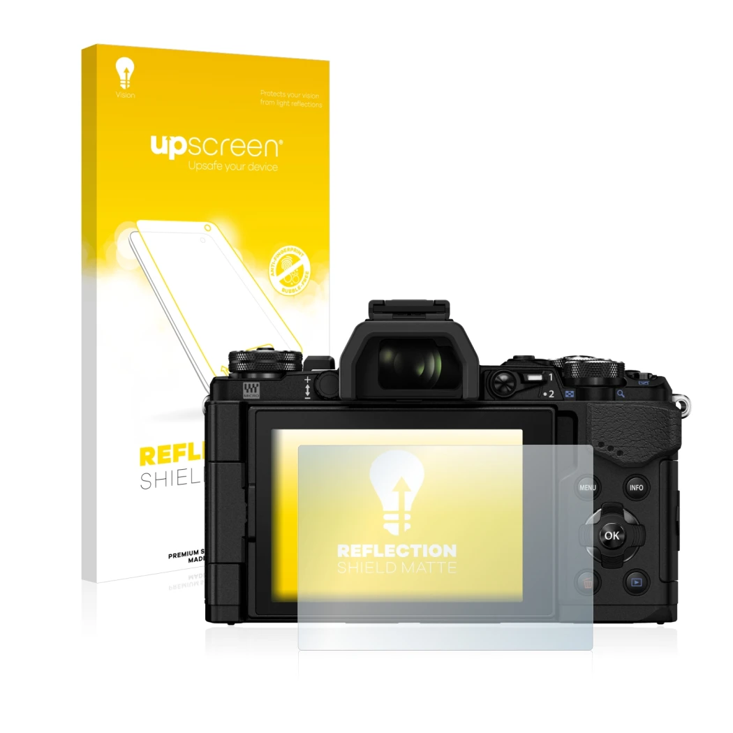 Parte frontale di una confezione del prodotto con il logo del marchio upscreen. Accanto è raffigurato il dispositivo Olympus O