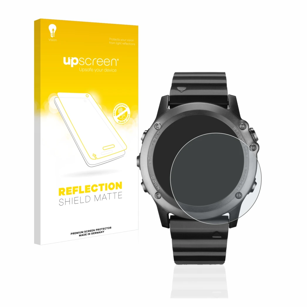 Parte frontale di una confezione del prodotto con il logo del marchio upscreen. Accanto è raffigurato il dispositivo Garmin Fe