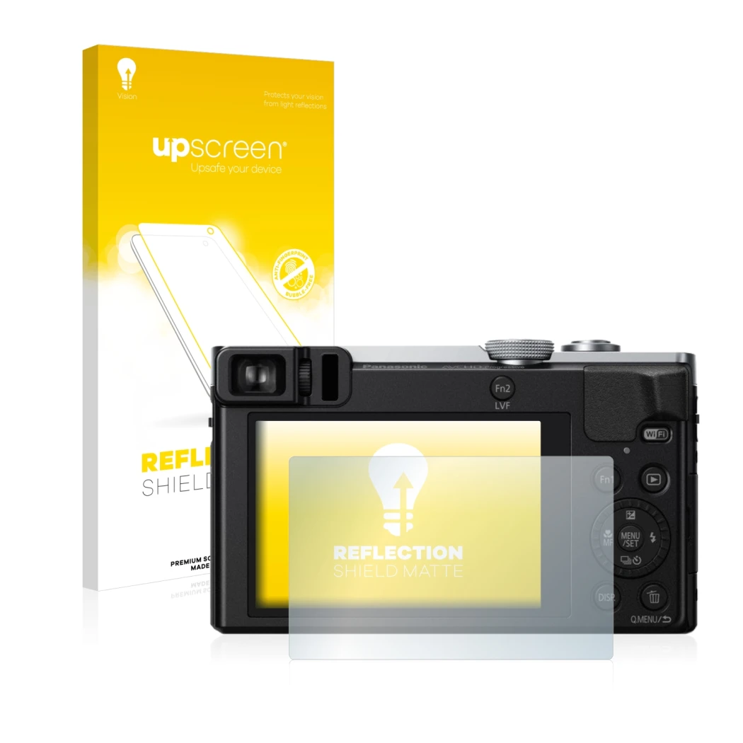 Parte frontale di una confezione del prodotto con il logo del marchio upscreen. Accanto è raffigurato il dispositivo Panasonic