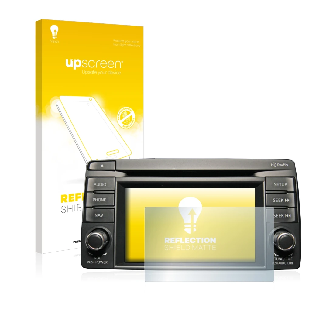 Parte frontale di una confezione del prodotto con il logo del marchio upscreen. Accanto è raffigurato il dispositivo Mazda CX-