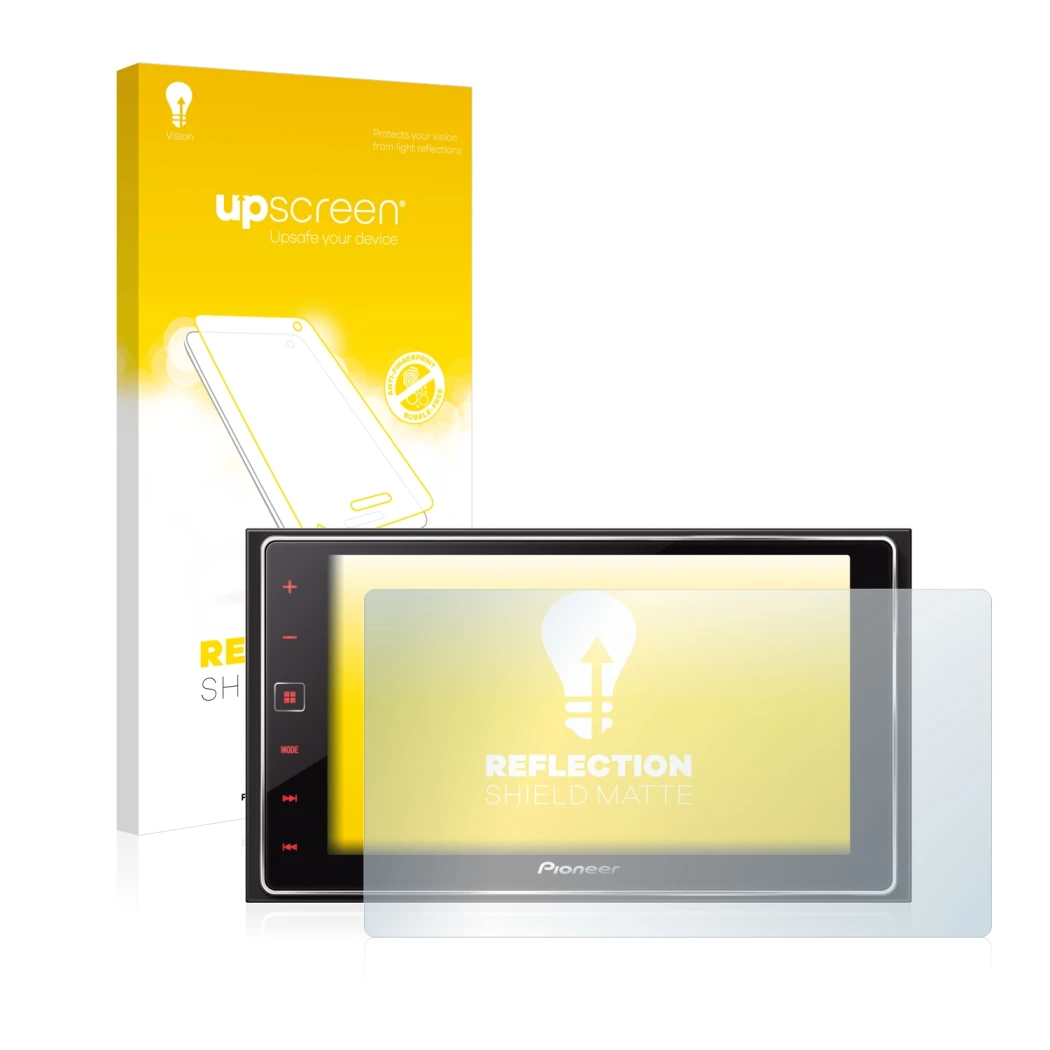 Parte frontale di una confezione del prodotto con il logo del marchio upscreen. Accanto è raffigurato il dispositivo Pioneer S