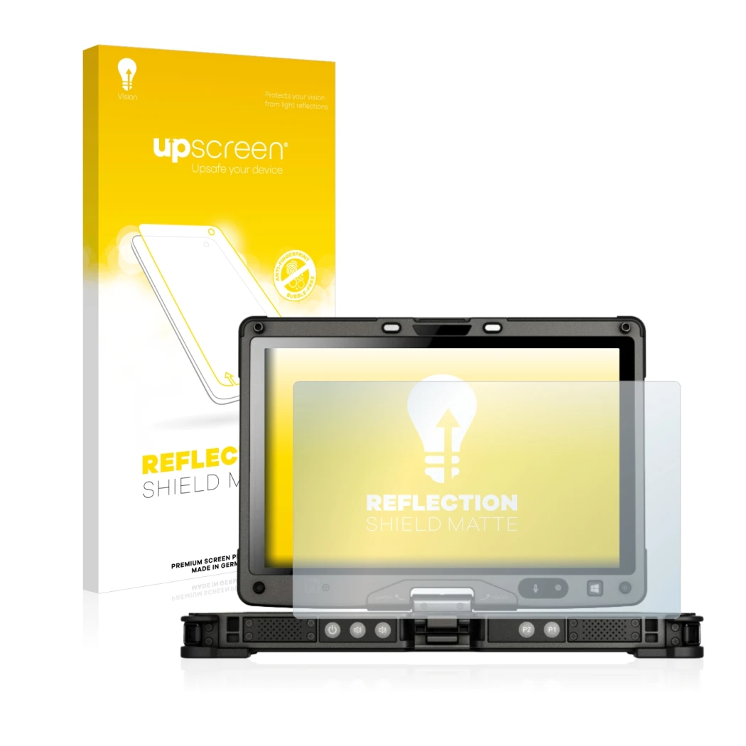 Parte frontale di una confezione del prodotto con il logo del marchio upscreen. Accanto è raffigurato il dispositivo Getac V11