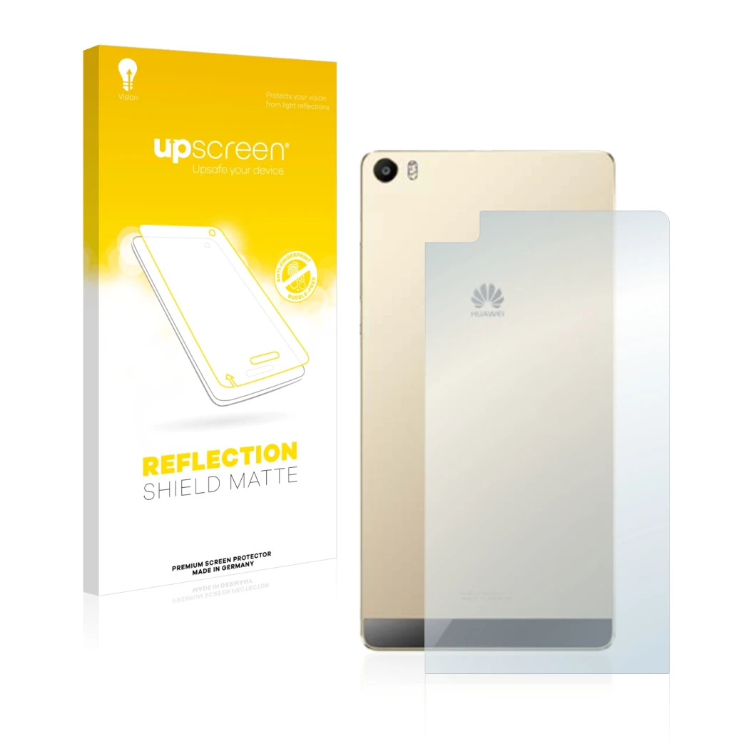 Parte frontale di una confezione del prodotto con il logo del marchio upscreen. Accanto è raffigurato il dispositivo Huawei P8
