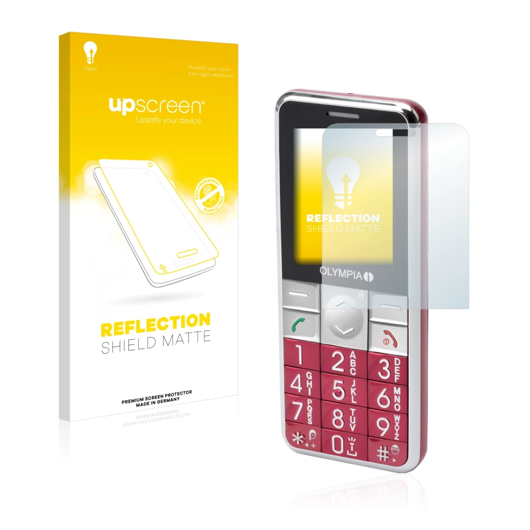 Parte frontale di una confezione del prodotto con il logo del marchio upscreen. Accanto è raffigurato il dispositivo Olympia V