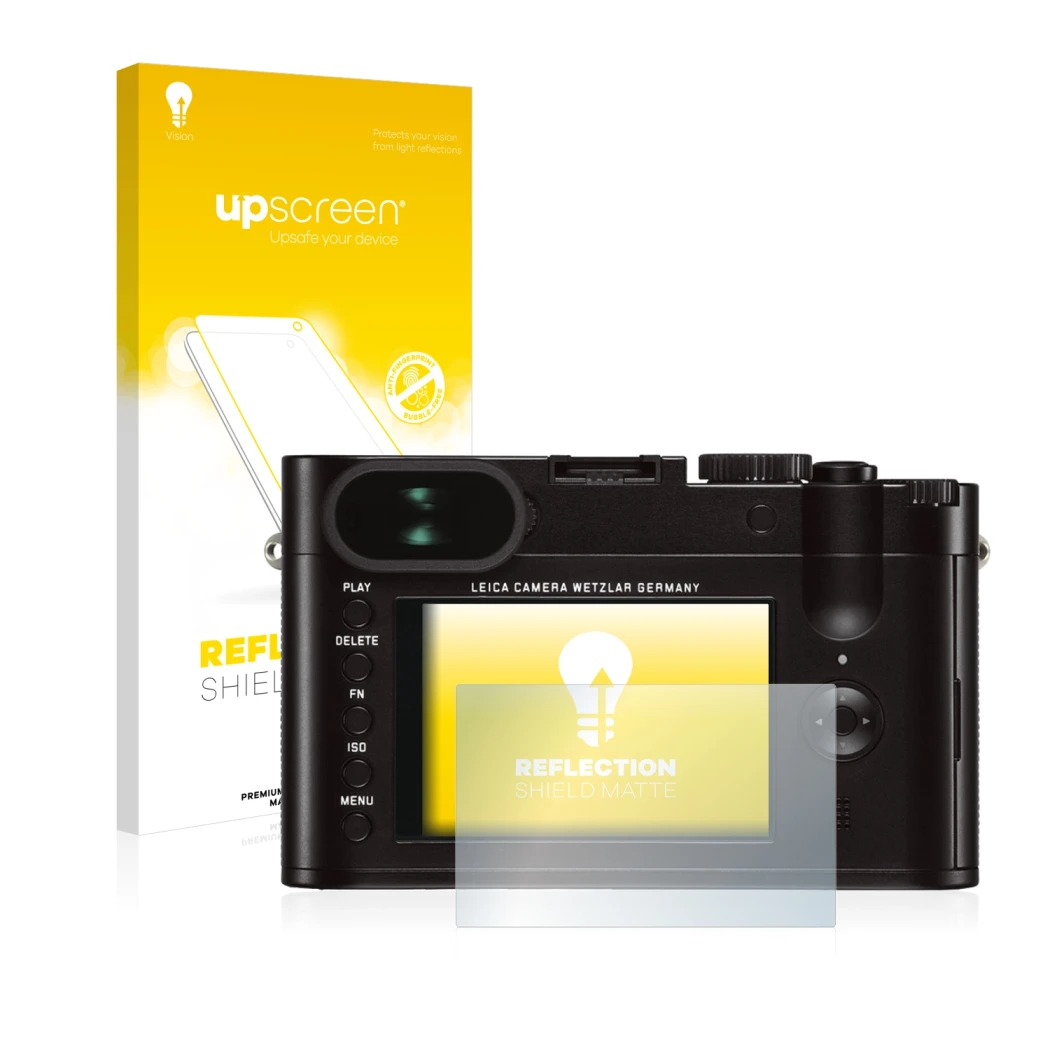 Parte frontale di una confezione del prodotto con il logo del marchio upscreen. Accanto è raffigurato il dispositivo Leica Q (