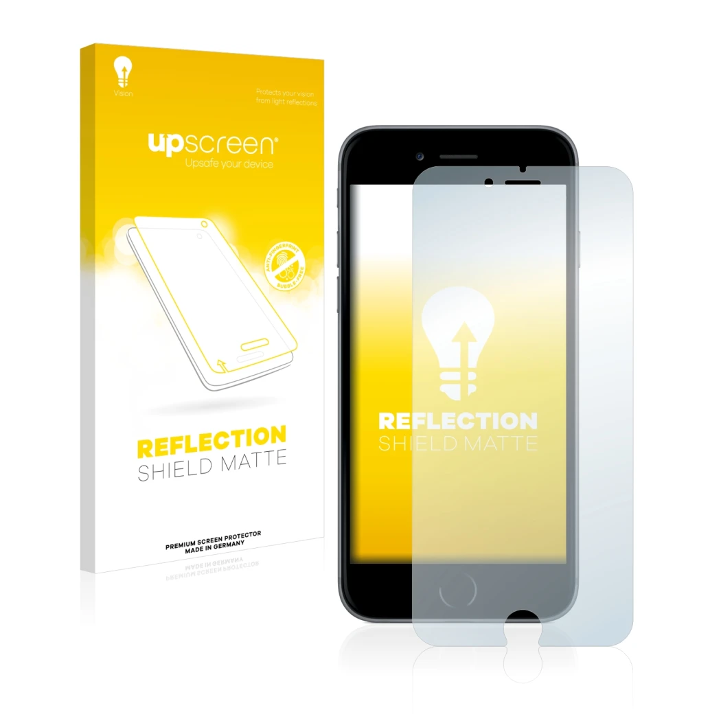 Parte frontale di una confezione del prodotto con il logo del marchio upscreen. Accanto è raffigurato il dispositivo Apple iPh