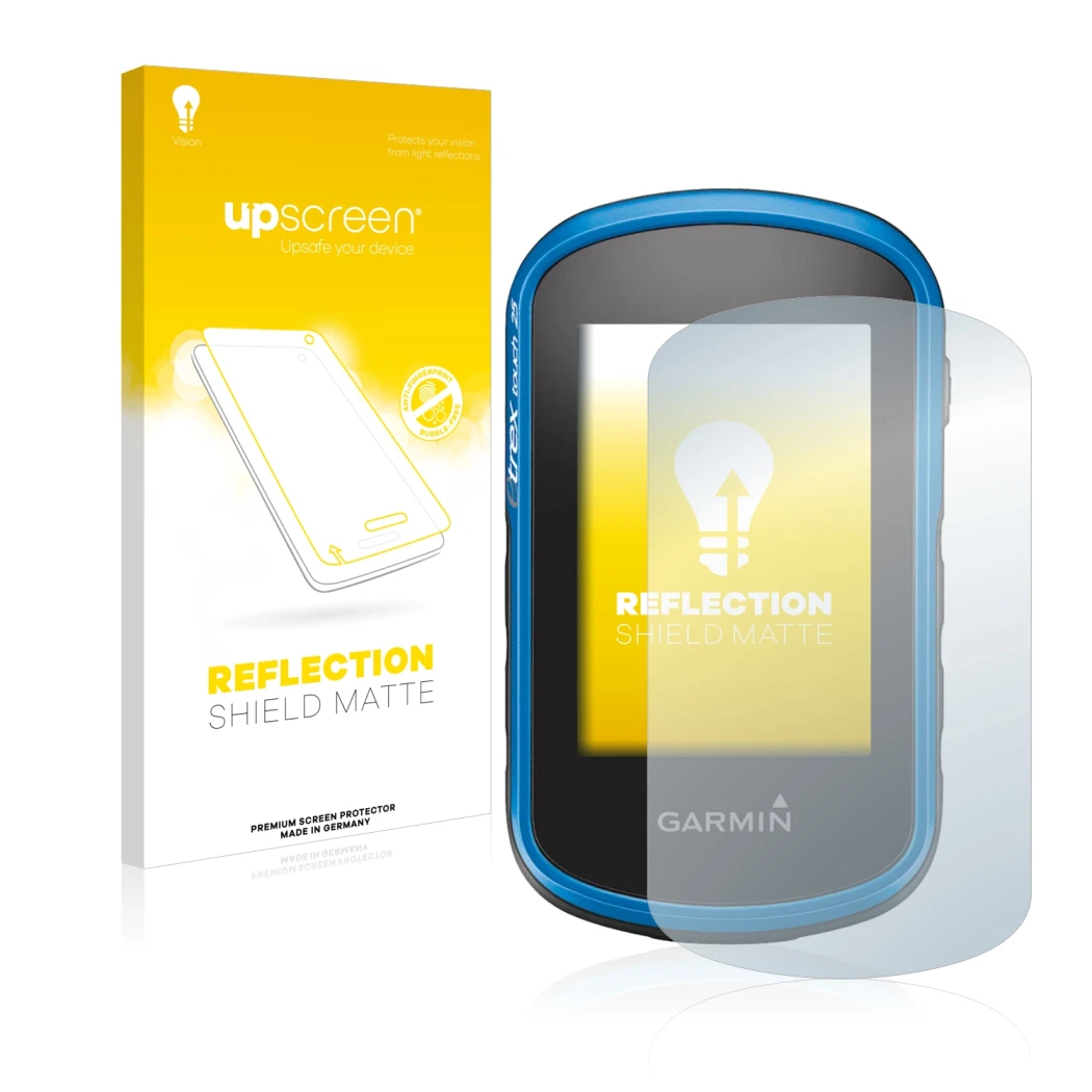 Parte frontale di una confezione del prodotto con il logo del marchio upscreen. Accanto è raffigurato il dispositivo Garmin eT