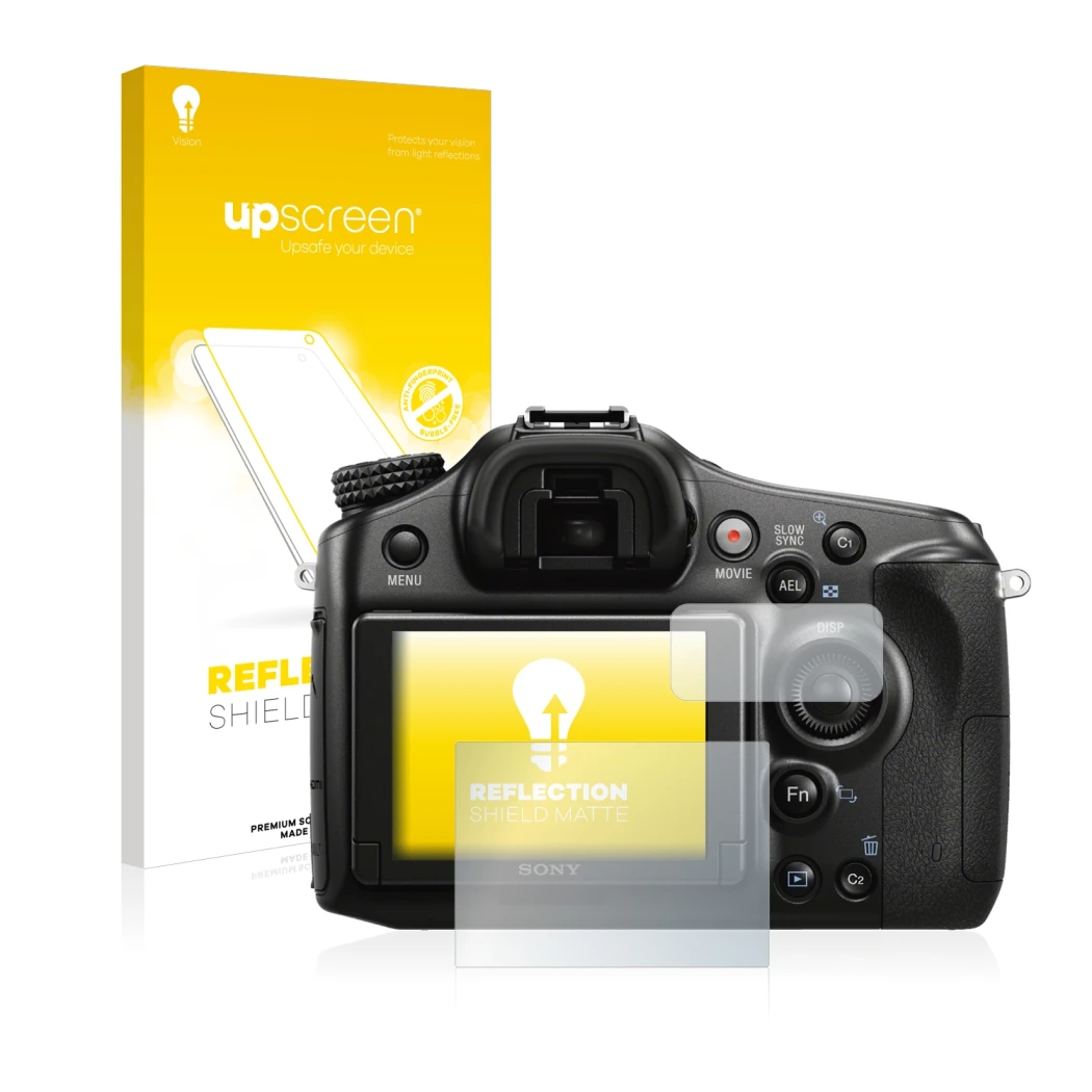 Parte frontale di una confezione del prodotto con il logo del marchio upscreen. Accanto è raffigurato il dispositivo Sony Alph