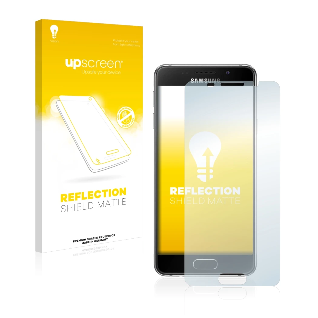 Parte frontale di una confezione del prodotto con il logo del marchio upscreen. Accanto è raffigurato il dispositivo Samsung G
