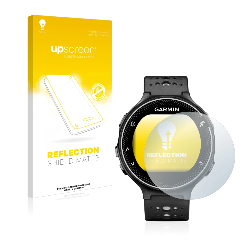 Parte frontale di una confezione del prodotto con il logo del marchio upscreen. Accanto è raffigurato il dispositivo Garmin Fo
