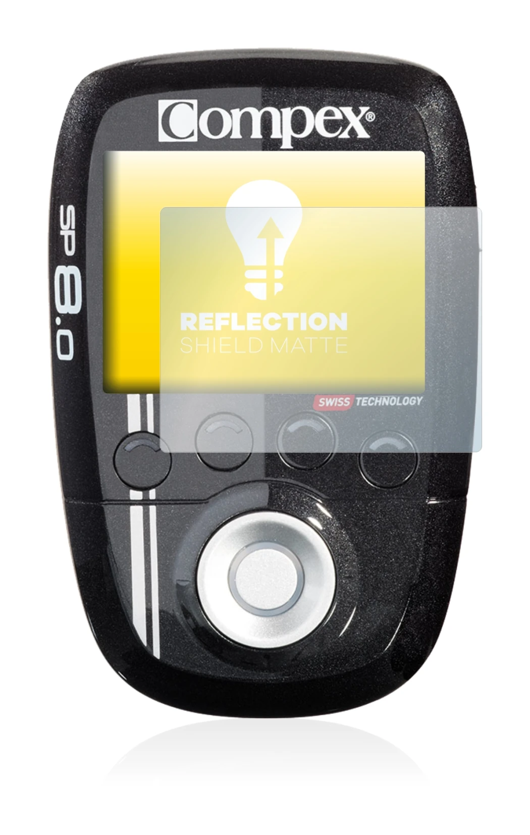 Immagine del dispositivo Compex SP 8.0 con un'ampia varietà di protezioni per lo schermo.