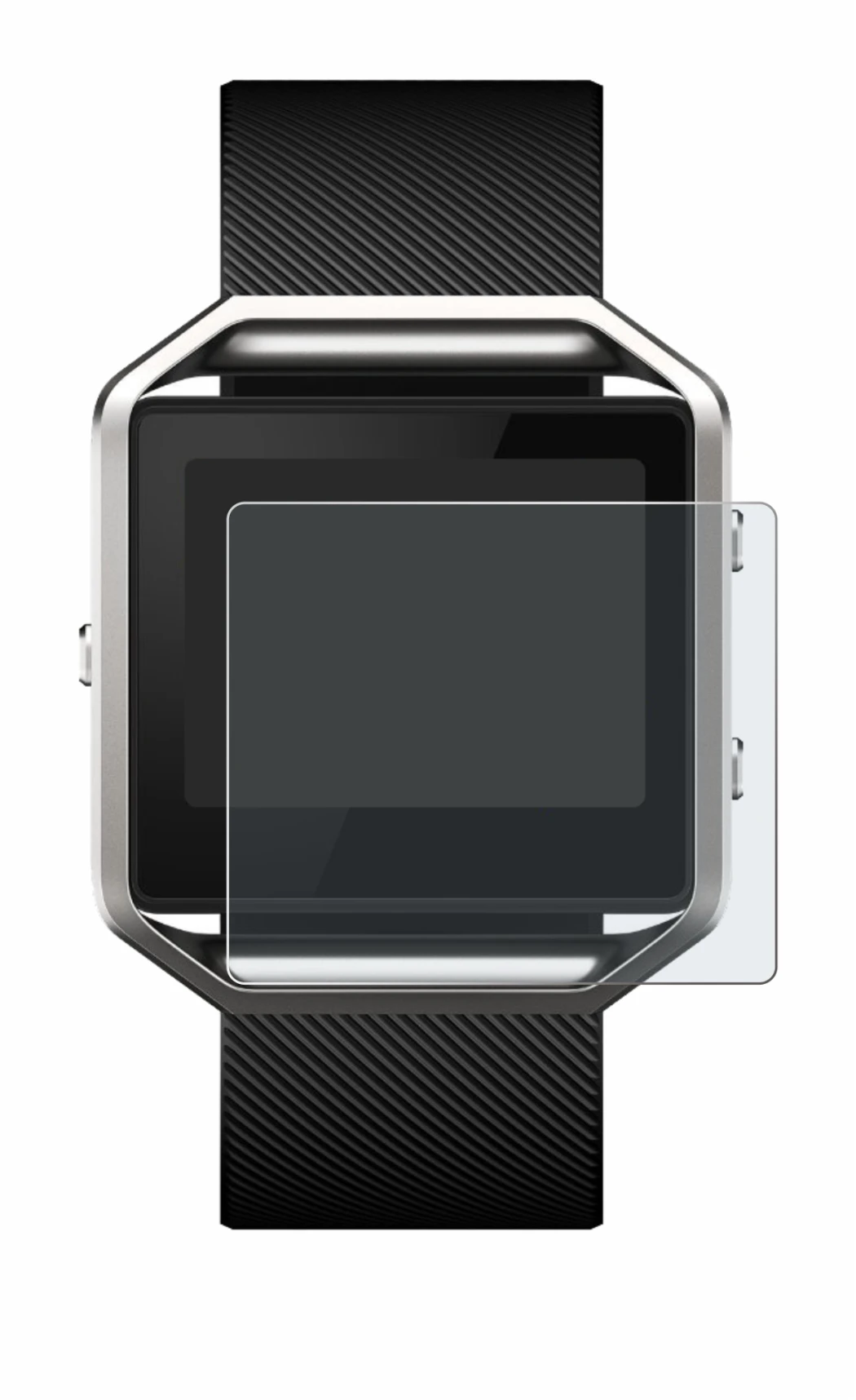 Immagine del dispositivo Fitbit Blaze con un'ampia varietà di protezioni per lo schermo.