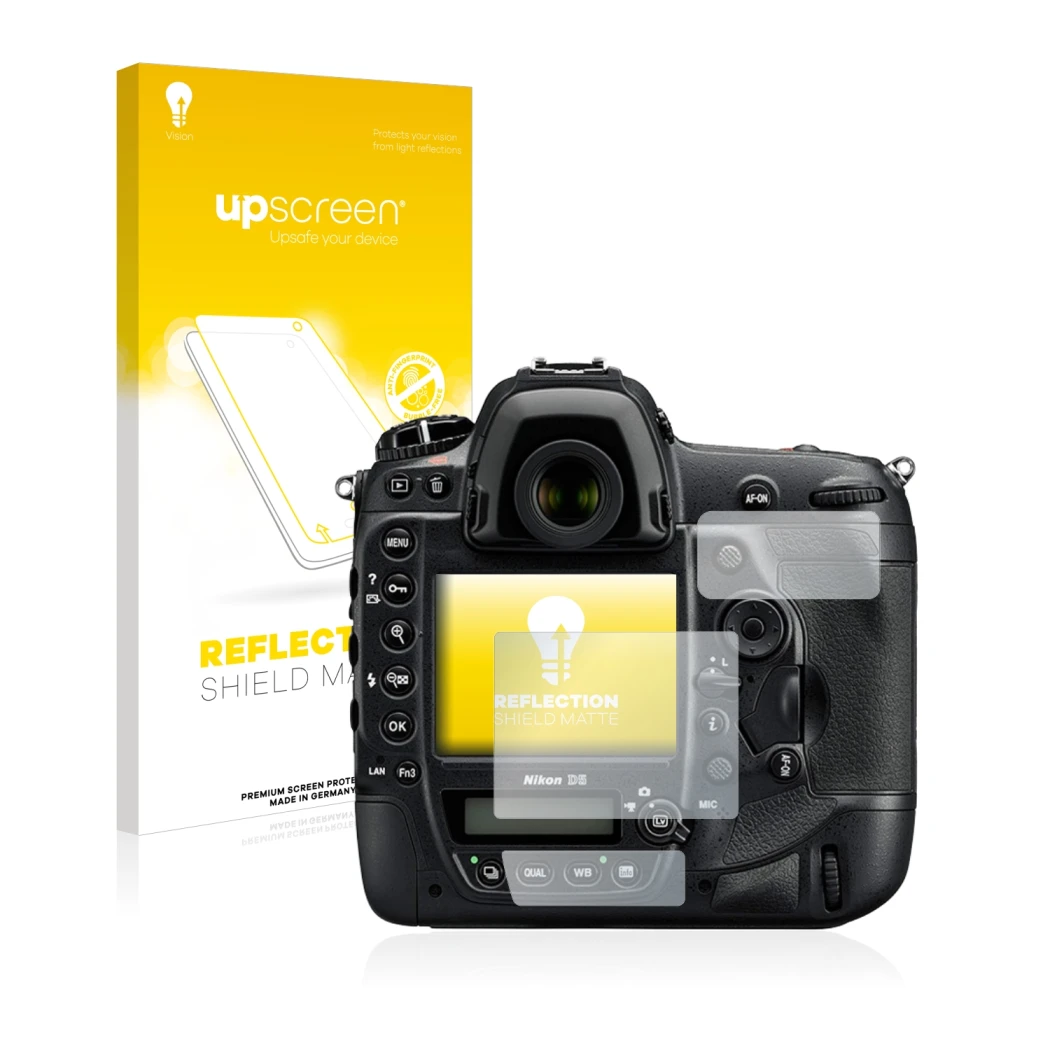 Parte frontale di una confezione del prodotto con il logo del marchio upscreen. Accanto è raffigurato il dispositivo Nikon D5 