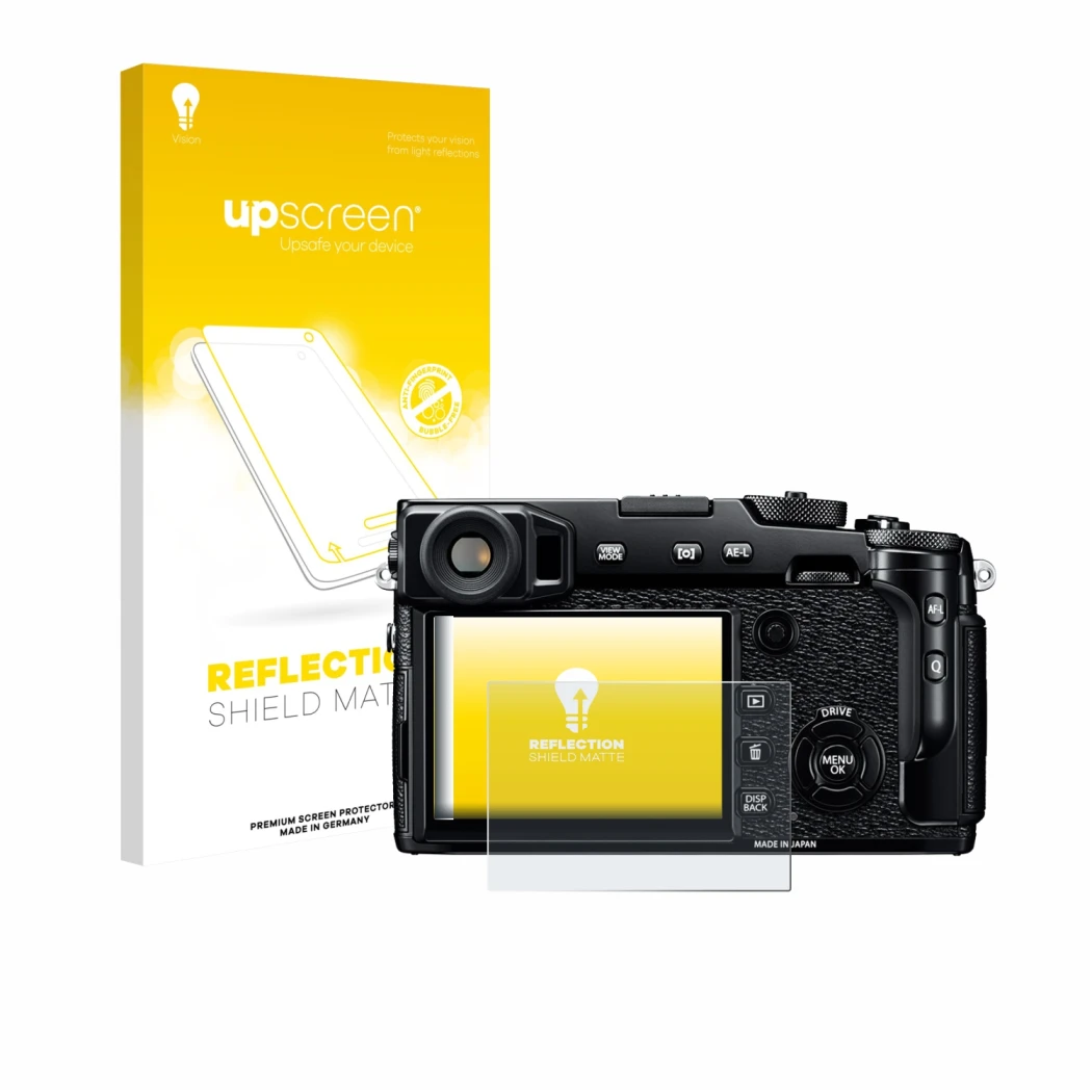 Parte frontale di una confezione del prodotto con il logo del marchio upscreen. Accanto è raffigurato il dispositivo Fujifilm