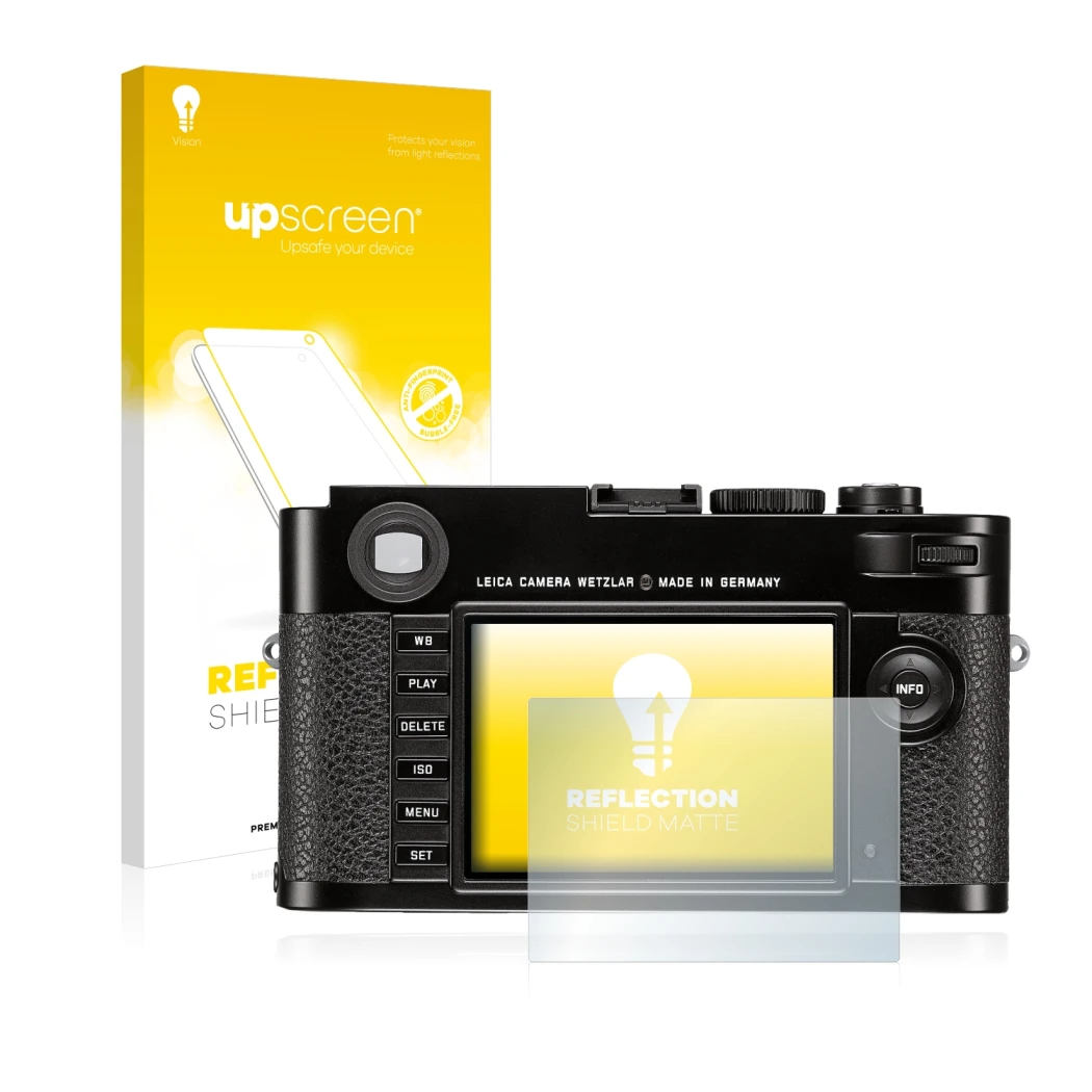 Parte frontale di una confezione del prodotto con il logo del marchio upscreen. Accanto è raffigurato il dispositivo Leica M (