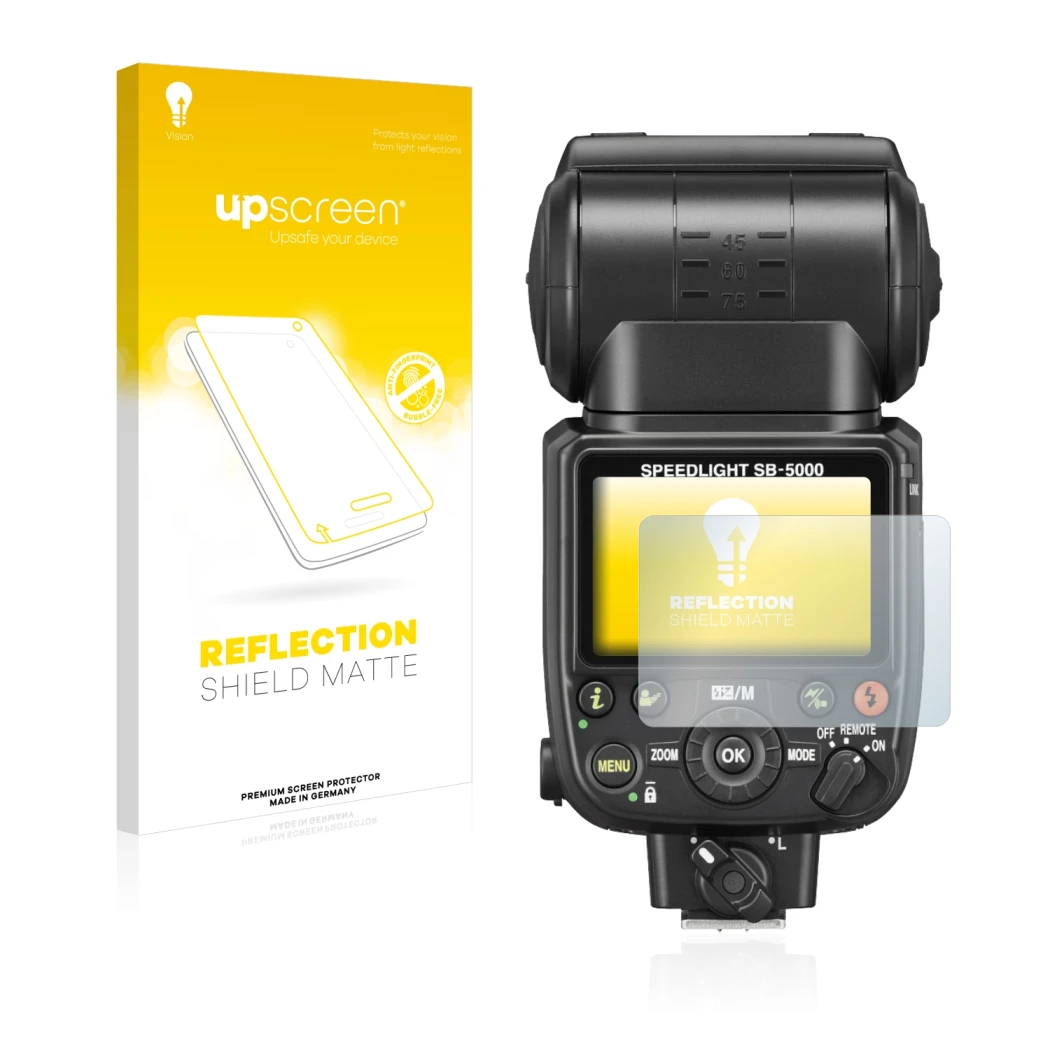 Parte frontale di una confezione del prodotto con il logo del marchio upscreen. Accanto è raffigurato il dispositivo Nikon SB-