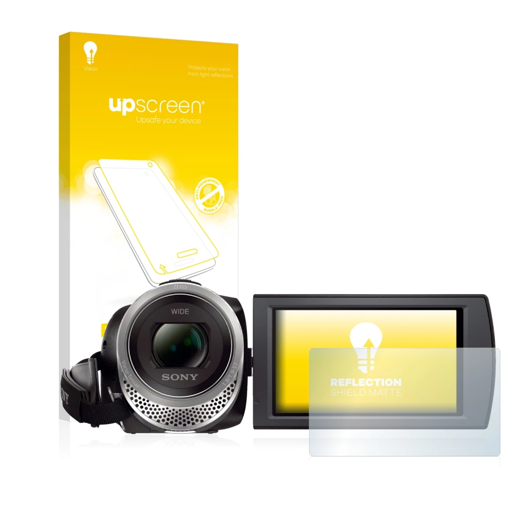 Parte frontale di una confezione del prodotto con il logo del marchio upscreen. Accanto è raffigurato il dispositivo Sony FDR-