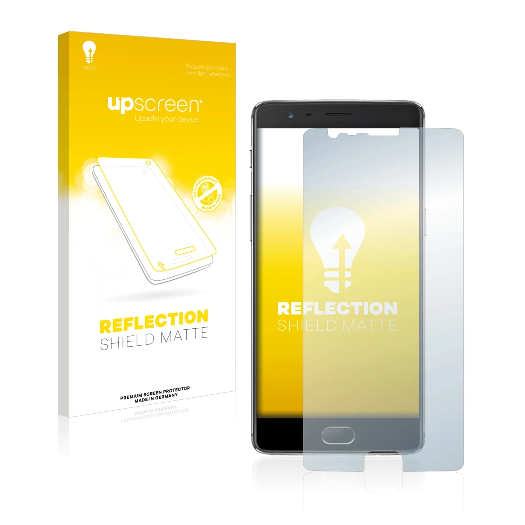 Parte frontale di una confezione del prodotto con il logo del marchio upscreen. Accanto è raffigurato il dispositivo OnePlus 3