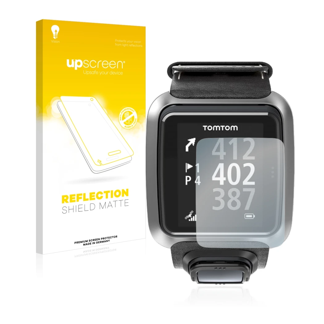 Parte frontale di una confezione del prodotto con il logo del marchio upscreen. Accanto è raffigurato il dispositivo TomTom Go