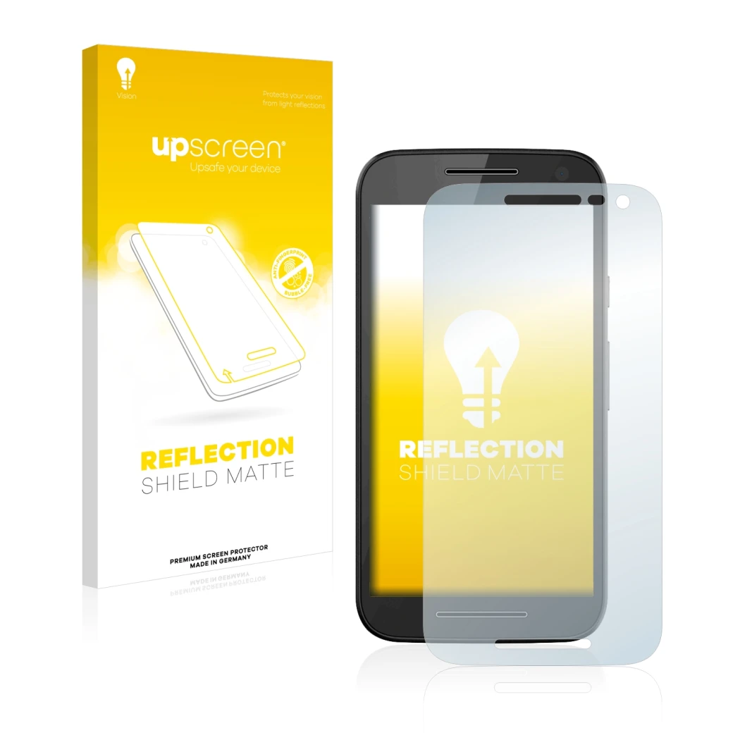 Parte frontale di una confezione del prodotto con il logo del marchio upscreen. Accanto è raffigurato il dispositivo Motorola 