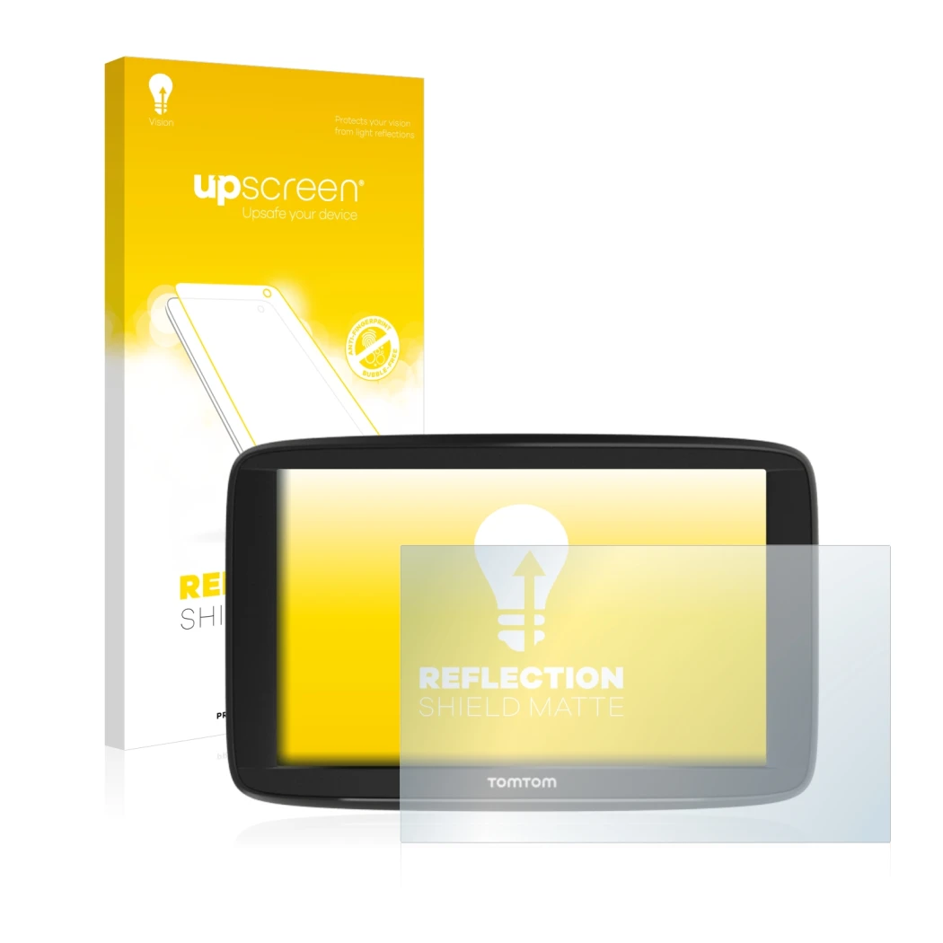 Parte frontale di una confezione del prodotto con il logo del marchio upscreen. Accanto è raffigurato il dispositivo TomTom St