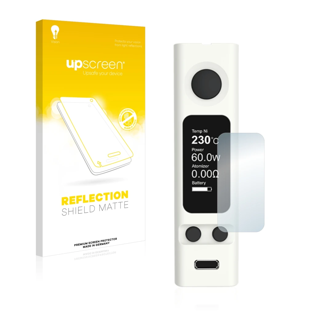 Parte frontale di una confezione del prodotto con il logo del marchio upscreen. Accanto è raffigurato il dispositivo Joyetech