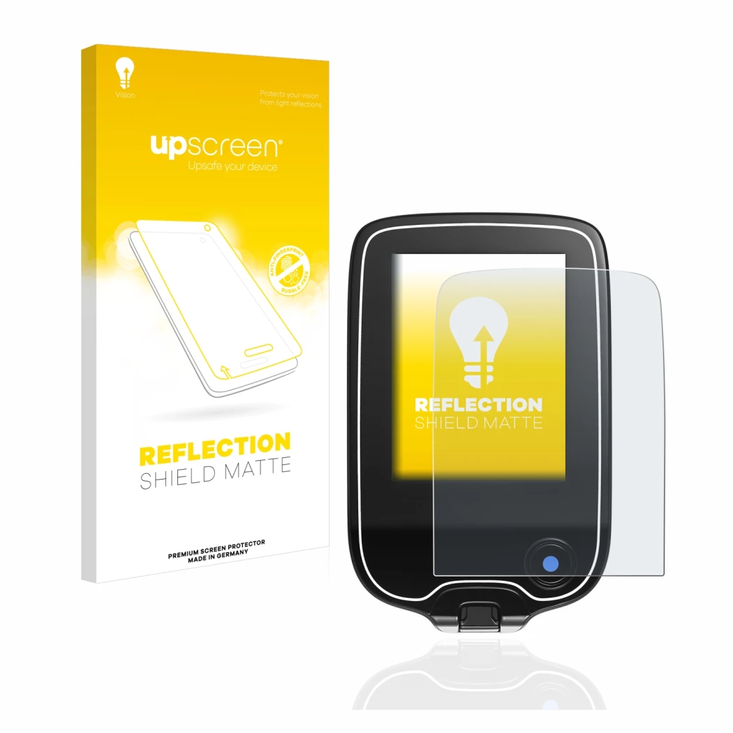 Parte frontale di una confezione del prodotto con il logo del marchio upscreen. Accanto è raffigurato il dispositivo Freestyle