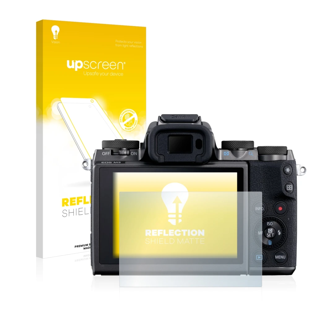 Parte frontale di una confezione del prodotto con il logo del marchio upscreen. Accanto è raffigurato il dispositivo Canon EOS