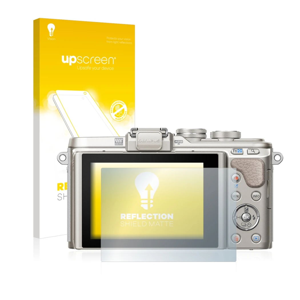 Parte frontale di una confezione del prodotto con il logo del marchio upscreen. Accanto è raffigurato il dispositivo Olympus P
