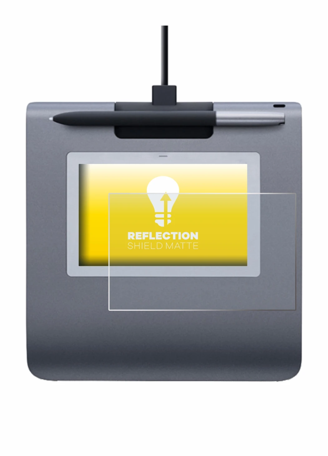 Immagine del dispositivo Wacom STU-430 con un'ampia varietà di protezioni per lo schermo.