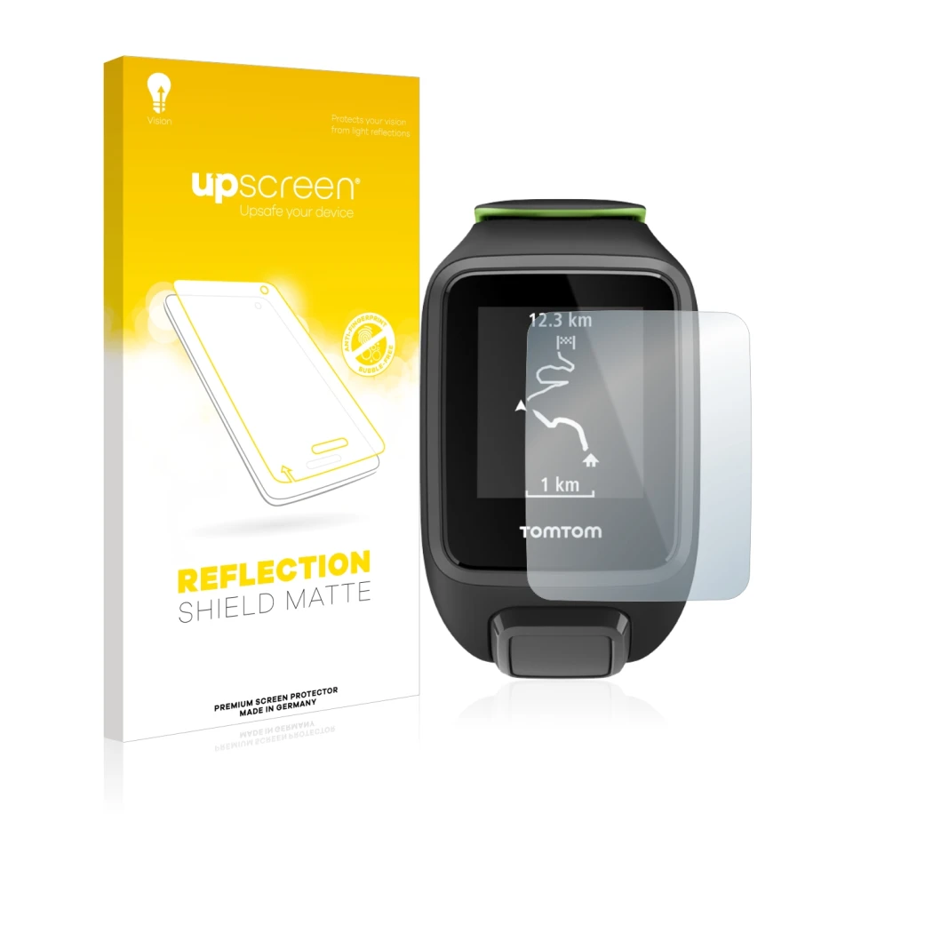 Parte frontale di una confezione del prodotto con il logo del marchio upscreen. Accanto è raffigurato il dispositivo TomTom Ru
