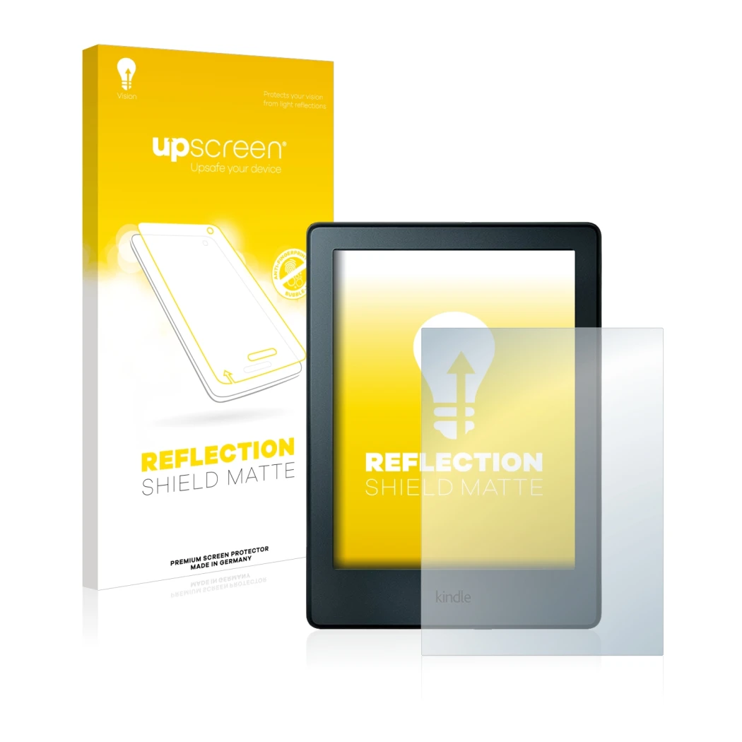 Parte frontale di una confezione del prodotto con il logo del marchio upscreen. Accanto è raffigurato il dispositivo Amazon Ki